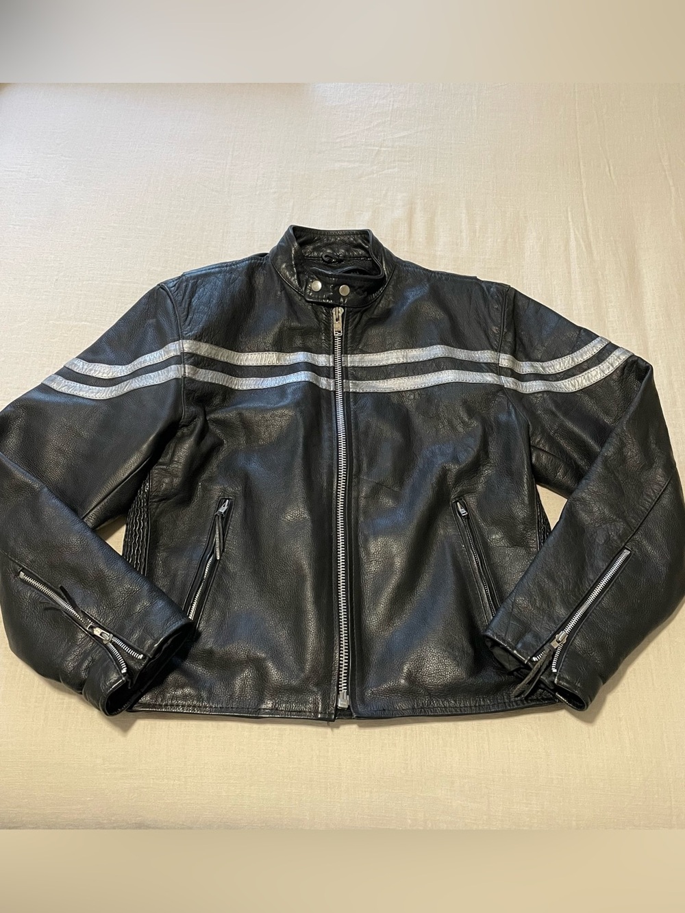 Retro Grunge Leather Motorcycle Jacket Black Silver Racing Stripe Biker 90s L